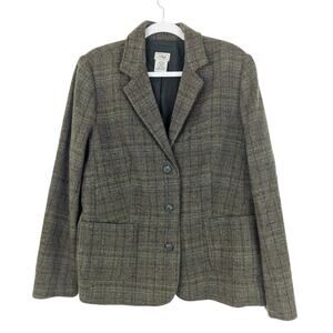 VTG LL Bean Womens Green Plaid Wool Silk Blend Blazer Jacket XL Preppy Academia